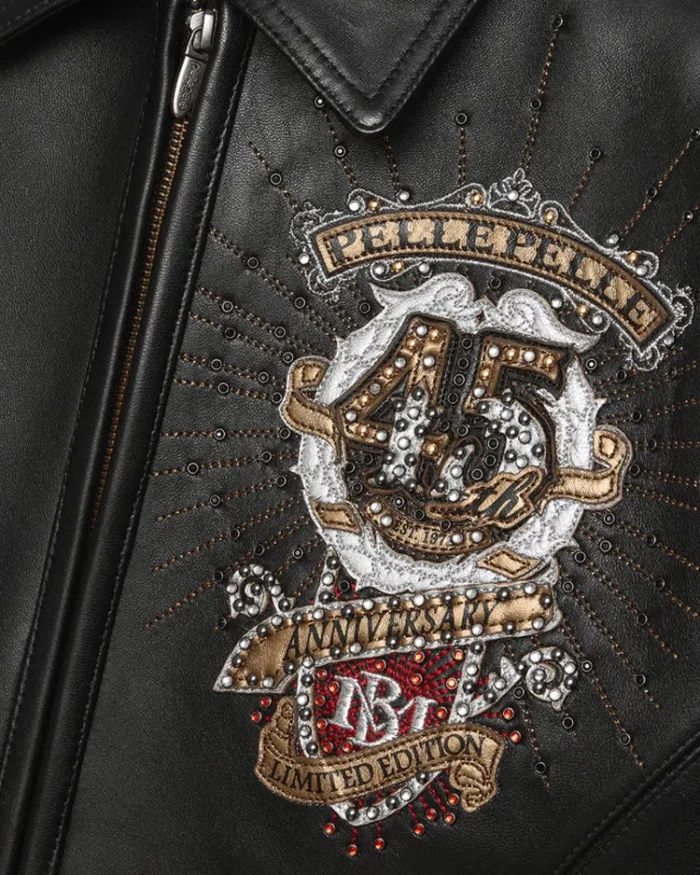 Pelle Pelle Black 45th Anniversary MB Collectors Series Jacket Chest Closeup - Jacket Boutique