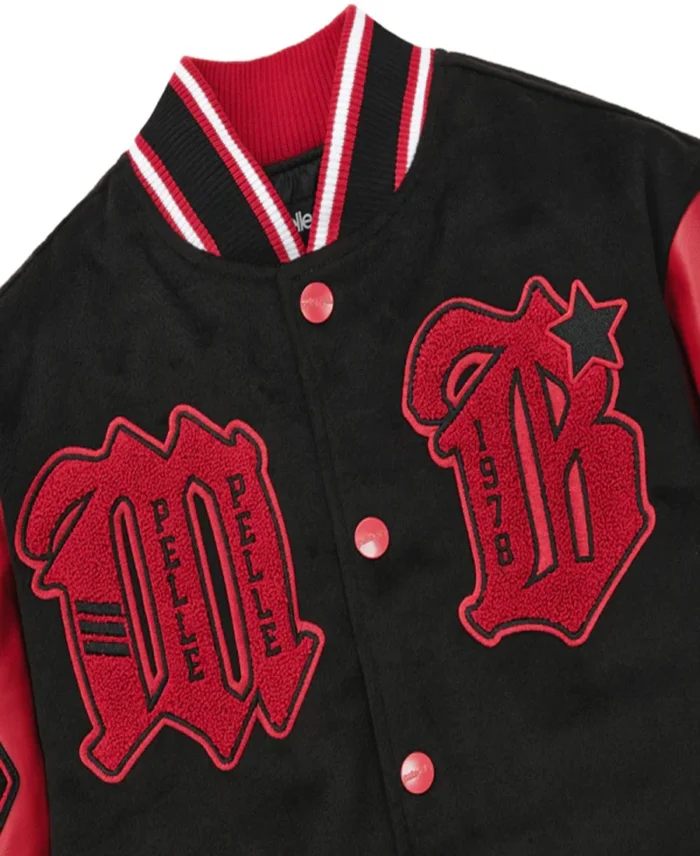 Pelle Pelle Black And Red Varsity Jacket Front Close Up