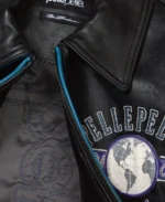 Pelle Pelle World Famous Soda Club 1978 Black and Blue Plush Jacket front closeup - Jacket Boutique