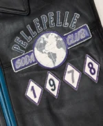 Pelle Pelle World Famous Soda Club 1978 Black and Blue Plush Jacket front patch closeup - Jacket Boutique