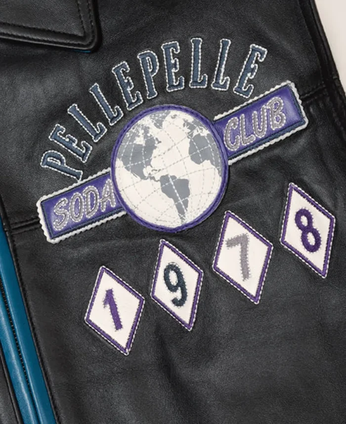 Pelle Pelle World Famous Soda Club 1978 Black and Blue Plush Jacket front patch closeup - Jacket Boutique