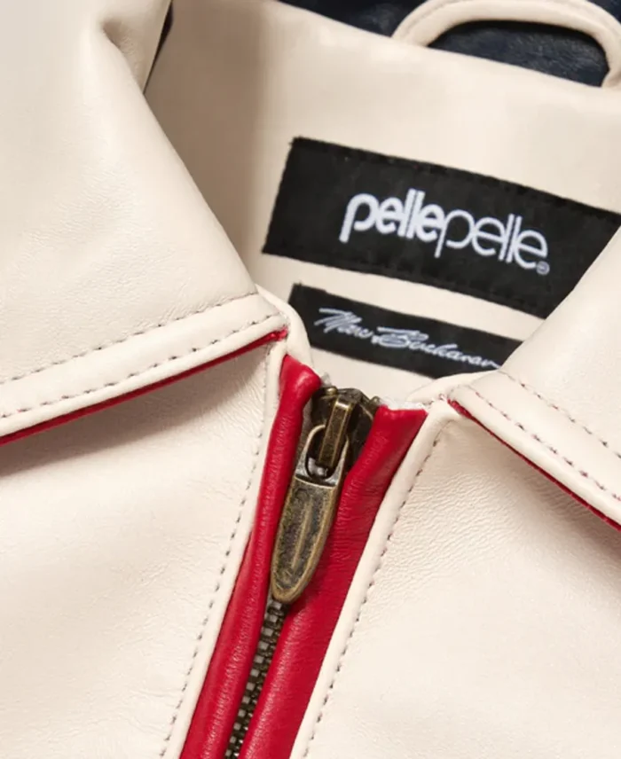 Pelle Pelle World Famous Soda Club 1978 White and Red Plush Jacket front closeup - Jacket Boutique