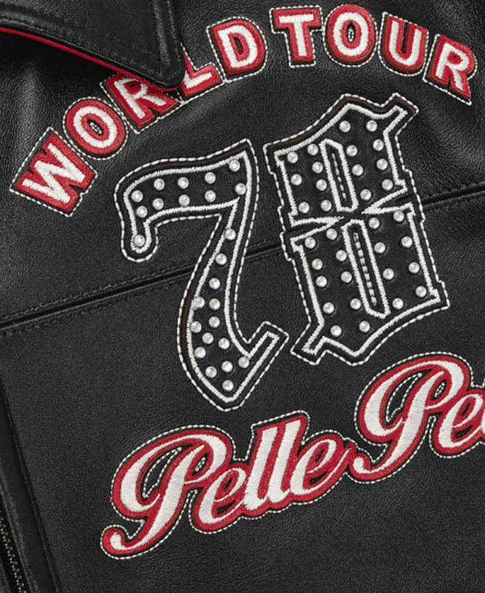 Pelle Pelle World Tour Red Plush Jacket chest patch closeup - Jacket Boutique