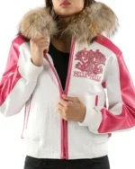 Shop Pelle Pelle White Pink Women Leather Jacket Fur Hood For Women On Sale - Jacket Boutique