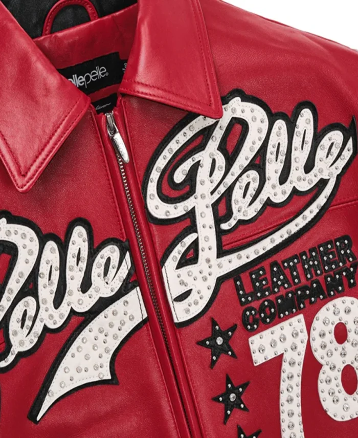 pelle pelle encrusted varsity plush red jacket front close up