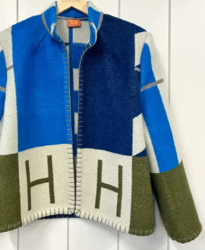 Lily Eve Dynamic Blue Hermes Blanket Jacket front - jacket boutique