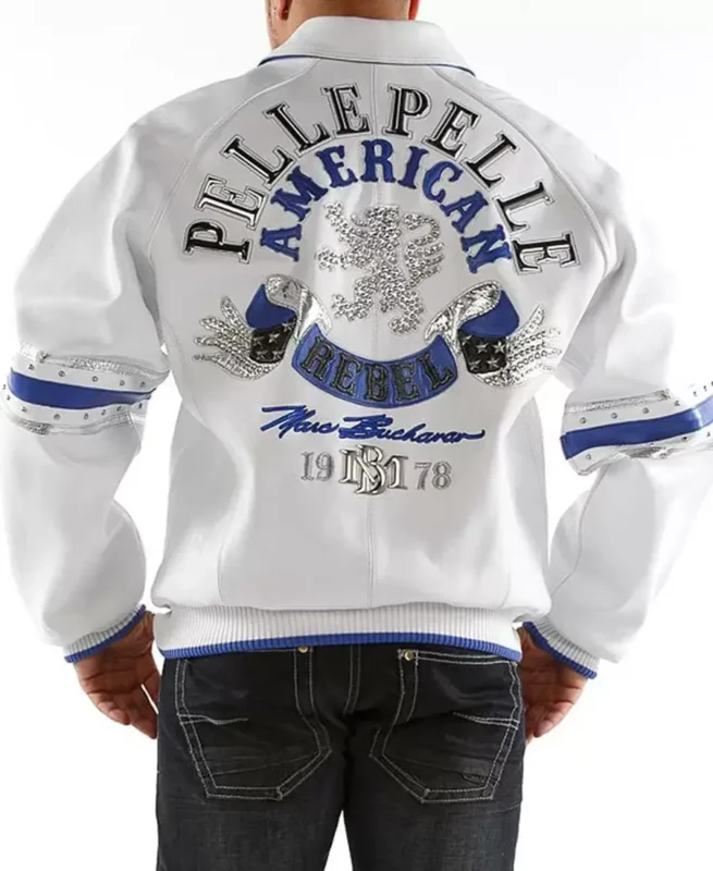 Pelle Pelle American Rebel White and Blue Studded Jacket Back - Jacket Boutique