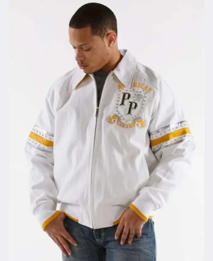 Pelle Pelle American Rebel White and Gold Leather Jacket Front - Jacket Boutique