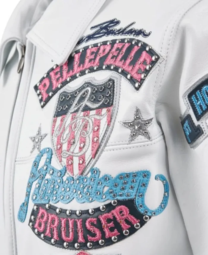 Pelle Pelle Limited Edition American Bruiser White Plush Jacket Chest Patch Closeup - Jacket Boutique