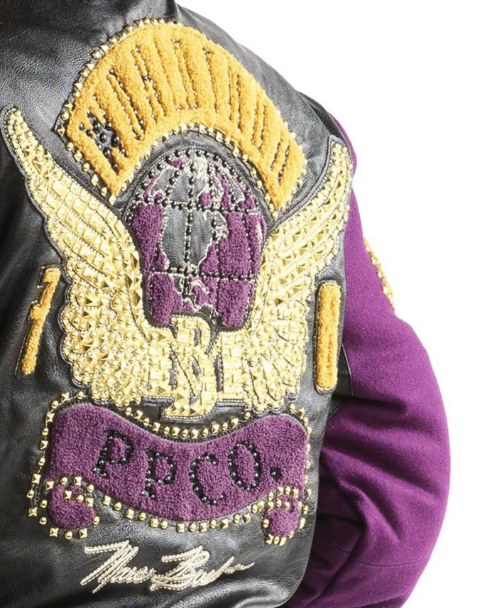 Pelle Pelle World Tour Purple MB Jacket Back Closeup - Jacket Boutique