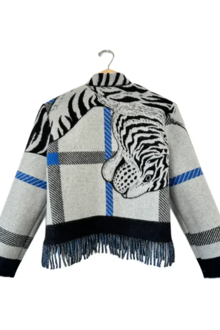 lily Eve Blue Fringe Tiger Blanket Jacket back